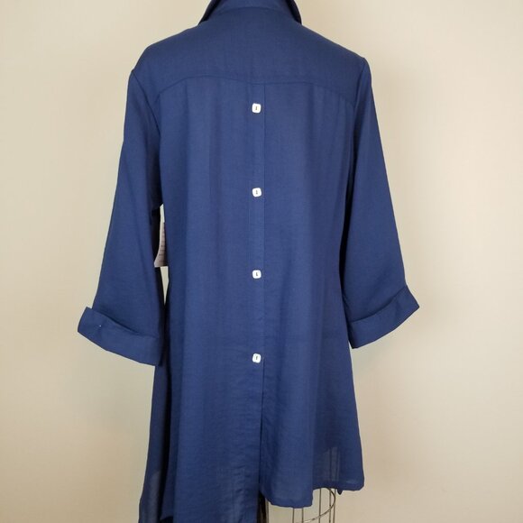 Fridaze Rich Navy Blue 100% Linen Blouse w/ Asymmetrical Hem New w/Tags * Small - Picture 6 of 7